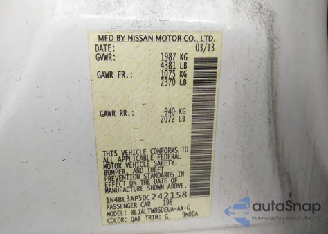 2013 Nissan Altima 3.5 Sv z USA, uszkodzony, nr VIN 1N4BL3AP5DC242158